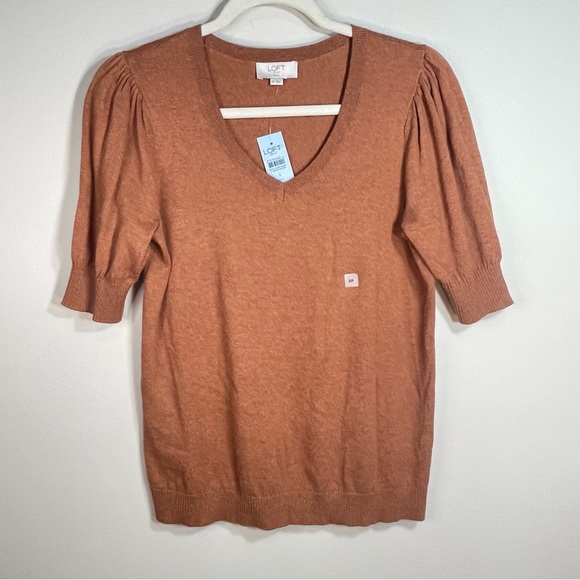 NWT Loft Brown V-Neck Short Sleeve Ribbed Hem Size Women Petite Small Retail $49 - Picture 6 of 6